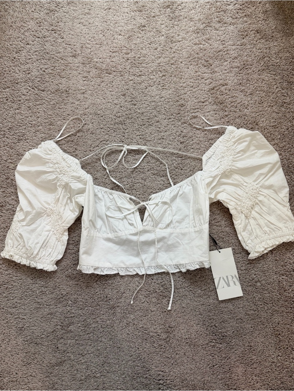 ZARA White Puff-Sleeve Backless Cotton Crop Top